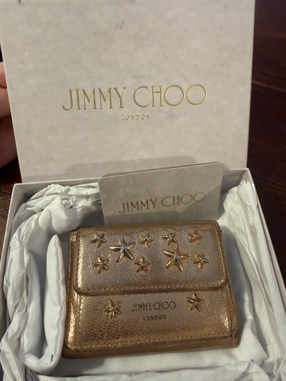Jimmy Choo Metallic Rose Gold Star-Studded Leather Wallet